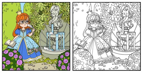 Princess with pen and diary for records in palace park with cupid pouring water from jug a fountain entwined with wild grapes and rose bushes color and outlined for coloring