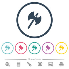 Two headed battle axe flat color icons in round outlines