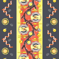 Seamless hand draw gouache pattern. Christmas dinner table with Christmas balls and champagne.