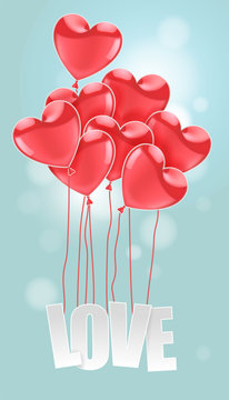 Happy Valentines Day.  Red flying realistic glossy balloons . Vector  illustration.