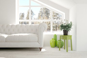 White room with sofa and winter landscape in window. Scandinavian interior design. 3D illustration