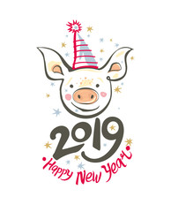 Postcard with smiling head funny pig in a holiday cap and 2019 Happy New Year. Vector illustration in sketch style. New 2019, Chinese year of the pig.