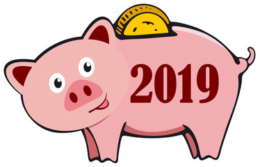 Piggy bank Happy New Year 2019 card with cute cartoon pig. The year of Pig.
