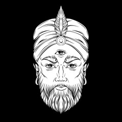 Vector hand drawn illustration of fortune teller with three eyes. Hand sketched creative artwork. Template for card poster, banner, print for t-shirt. Tattoo art.