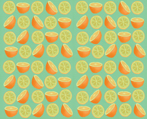 Texture illustration with sliced orange on green background.