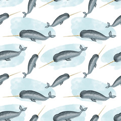 narwhal sea unicorn, seamless pattern on a white background © Lana