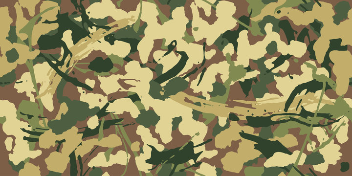 Abstract grunge camouflage, seamless pattern. Military camo texture with  paint strokes and splashes elements, army or hunting green clothes.  Wallpaper for textile and fabric. Fashion style. Vector Stock Vector