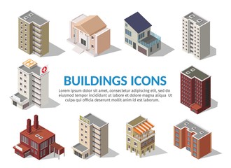Big set low poly vectors of isometric illustration city street house facades, factory, cafe, school, hospital, gas station, bank.