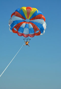 Father and son fly on a parachute over the sea