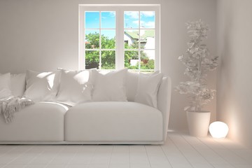 White room with sofa and green landscape in window. Scandinavian interior design. 3D illustration