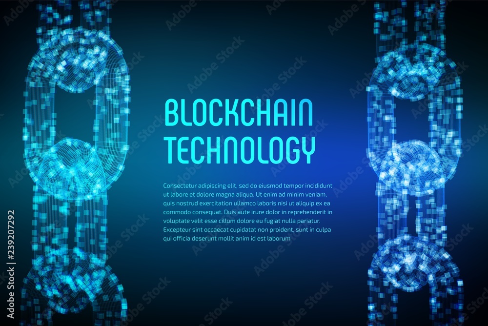 Poster block chain. crypto currency. blockchain concept. 3d wireframe chain with digital blocks. editable c