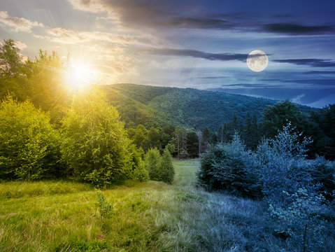 day and night time change concept. forested area in mountains with sun and moon. calm nature with green grassy meadow and cloudy sky