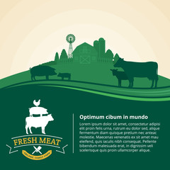 Vector farm fresh meat illustration with rural landscape and farm animals. Modern style butchery label. Butcher's shop or farming design elements.
