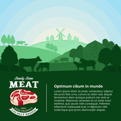 Vector farm fresh meat illustration with rural landscape and farm animals. Modern style butchery label. Butcher's shop or farming design elements.