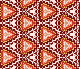 Seamless hexagonal pattern from pink, red and yellow geometrical abstract ornaments on a dark brown background. Vector illustration can be used for textiles, wallpaper and wrapping paper