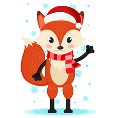Fox in a Christmas hat and scarf waving his paw.