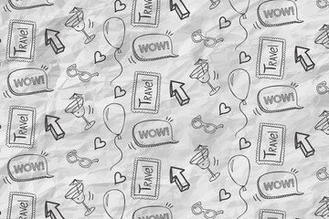 Travel pattern vector illustration with funny elements in doodle style over paper background