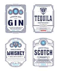 Alcoholic drinks vintage thin line labels and packaging design templates. Gin, tequila, whiskey and scotch labels. Distilling business branding and identity design elements.
