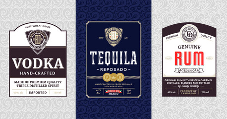 Alcoholic drinks vintage labels and packaging design templates. Vodka, tequila and rum labels. Distilling business branding and identity design elements. - obrazy, fototapety, plakaty