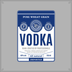 Vector white and blue vodka label isolated on a grey background. Distilling business branding and identity design elements. - obrazy, fototapety, plakaty