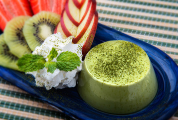 Matcha custard pudding  and fruits.