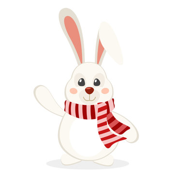 Hare in a scarf waving his paw on a white. Christmas character