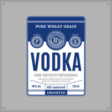 Vector white and blue vodka label isolated on a grey background. Distilling business branding and identity design elements.
