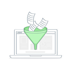 Paper documents are passed through the funnel or posting on the website. Filtration, bid data filter, information filtering, data processing or data analysis, content collection