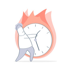 Business deadline, time end, cartoon businessman pulling minute hand, trying to stop time. Burning watch, timer, clock