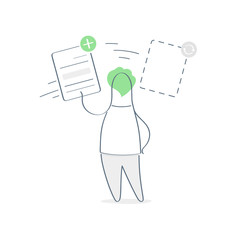 Task performance, file transfer, copying, sending, making a copy, paperwork, online task management on the service desk, board. Cute cartoon character moving file document during work