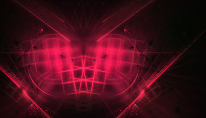 Beautiful red background of glowing particles and lines with depth of field and bokeh. 3d illustration, 3d render