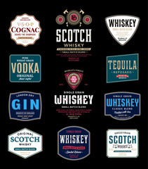 Alcoholic drinks labels and packaging design templates. Whiskey, scotch, gin, cognac, tequila and vodka labels. Distilling business branding and identity design elements. - obrazy, fototapety, plakaty