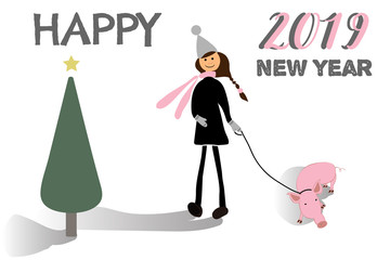 Girl with piglet. Happy New Year card. Vector illustration on white background.