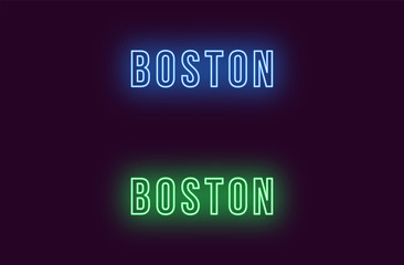 Neon name of Boston city in USA. Vector text