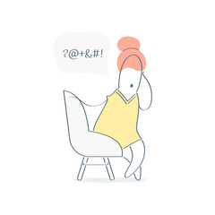 Bad mood, problem, headache, stressed unhappy cartoon woman sitting in the armchair, she feeling unwell and swearing, frustration, anger, bad words in chat bubble