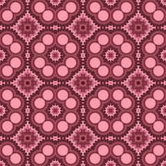 Seamless square pattern from pink geometrical abstract ornaments on a dark red background. Vector illustration can be used for textiles, wallpaper and wrapping paper