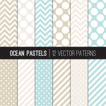 Ocean Pastels Vector Patterns in Aqua Blue, Sand, Beige and White Polka Dots, Chevron and Candy Stripes. Modern Geometric Backgrounds. Repeating Pattern Tile Swatches Included.