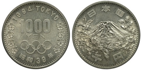 Japan Japanese silver coin 1000 one thousand yen 1964, value flanked by flowers, five rings below,...