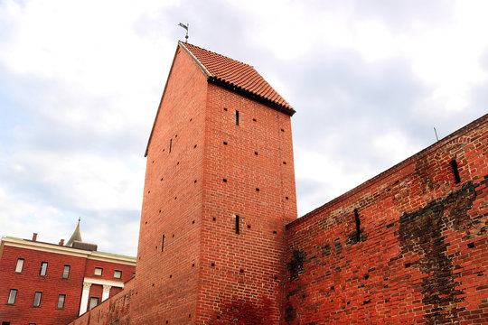 Fragment of the city wall and Ramera Tower on Torna Street. Riga, Latvia