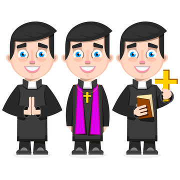 set of Catholic priest in cartoon style vector illustration