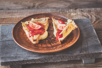 Cut cheese toast on the plate
