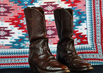 Vintage Caribou Hide Cowboy Boots and Native American Blanket