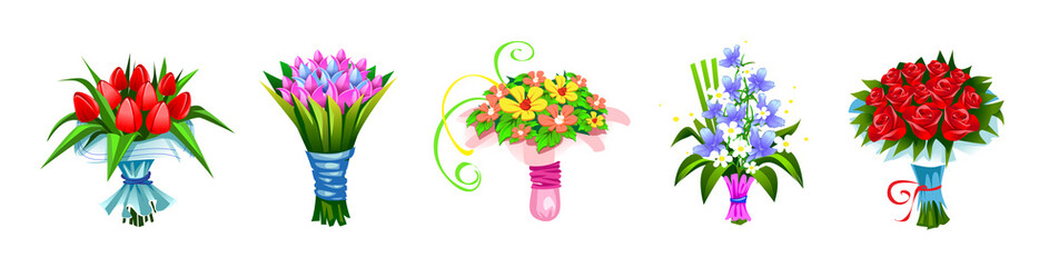 vector set of bouquets of flowers in a multi-colored festive wrapper, different plants designed for sale or as a gift