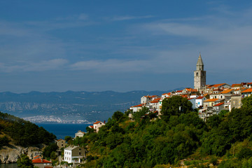 Obraz premium Wonderful Summer seascape of Town Vrbnik , on Krk island . Adriatic sea. Kvarner bay archipelago. European travel.Croatia, Europe.