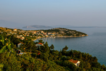 Fototapeta na wymiar Summer sea seascape . Coastline of Stara Baska on Krk island . Adriatic sea. Tourist destination in Croatia, Europe.