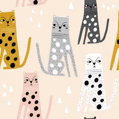  Naadloos kinderachtig patroon met grappige luipaarden. Creatieve Scandinavische kinderen textuur voor stof, verpakking, textiel, behang, kleding. vector illustratie © solodkayamari