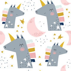 Seamless childish pattern with cute unicorns and moons . Creative scandinavian kids texture for fabric, wrapping, textile, wallpaper, apparel. Vector illustration