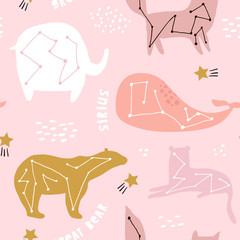 Seamless childish pattern with constallations on night starry sky. Creative kids texture for fabric, wrapping, textile, wallpaper, apparel. Vector illustration