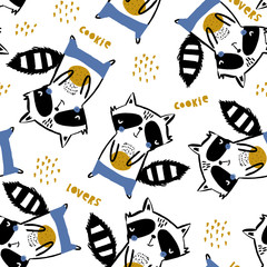Seamless childish pattern with cute raccoons with cookies. Creative kids monochrome texture for fabric, wrapping, textile, wallpaper, apparel. Vector illustration © solodkayamari