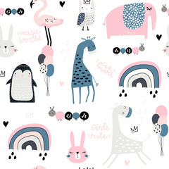 Seamless childish pattern with cute giragge, penguin, rainbow, elephant, bunny, flamingo, owl and textures. Creative kids texture for fabric, wrapping, textile, wallpaper, apparel. Vector illustration